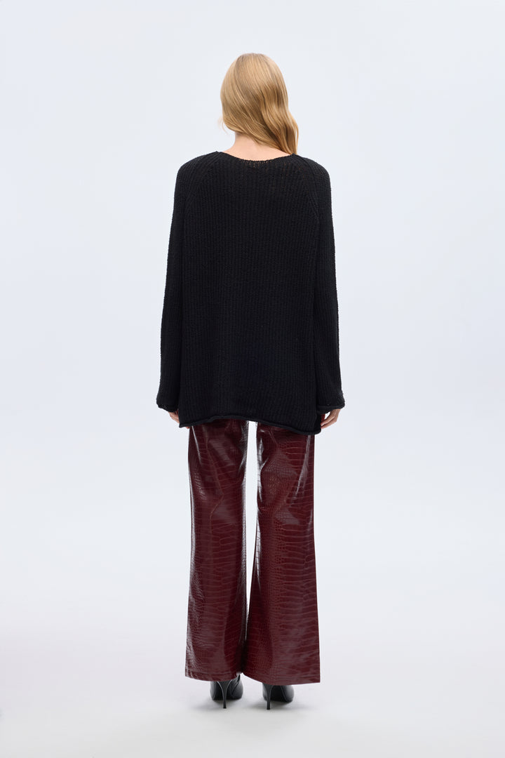 Kayık Yaka Oversize Triko Kazak Siyah