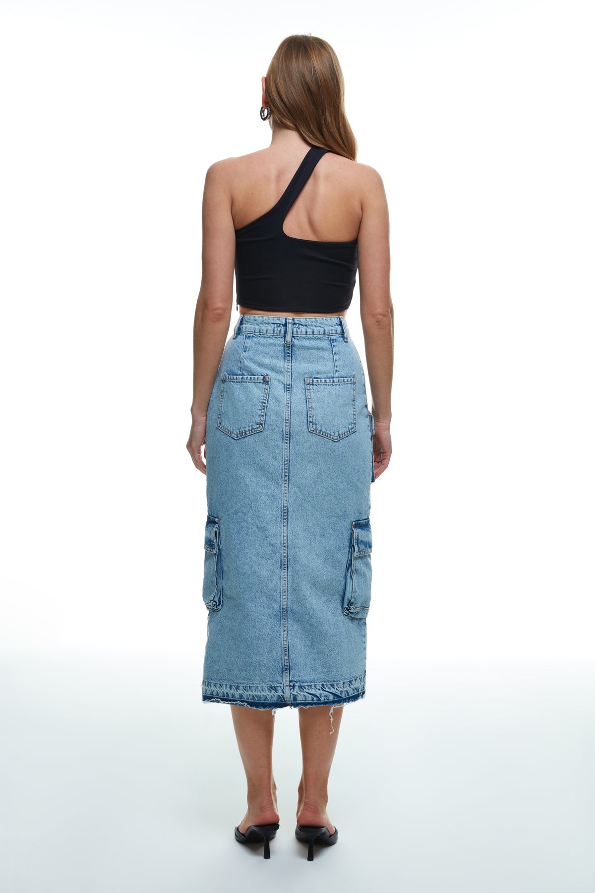 Cargo Pocket Detailed Slit Midi Denim Skirt Blue