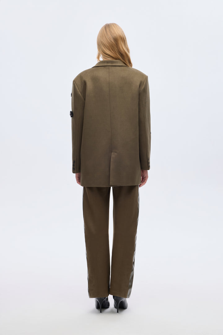 Dantel Aplikeli Süet Blazer Ceket Haki