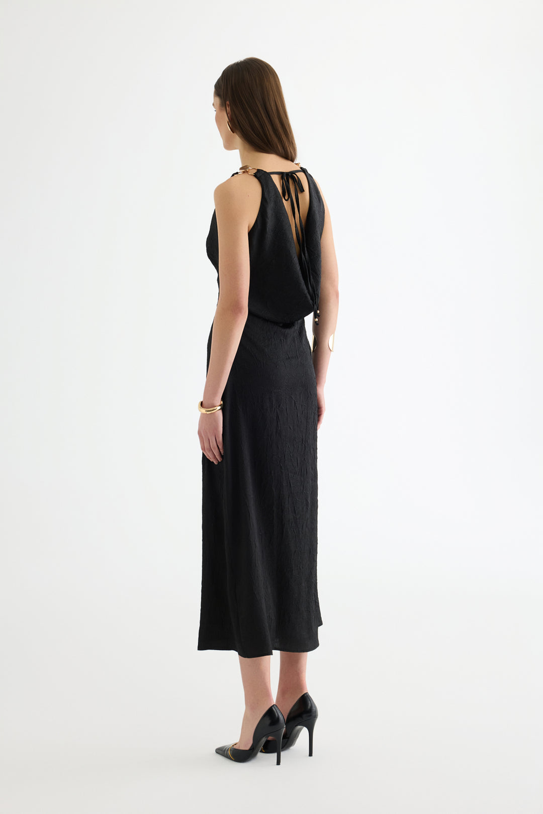 Sırt Bağlamalı Degaje Yaka Midi Elbise Siyah