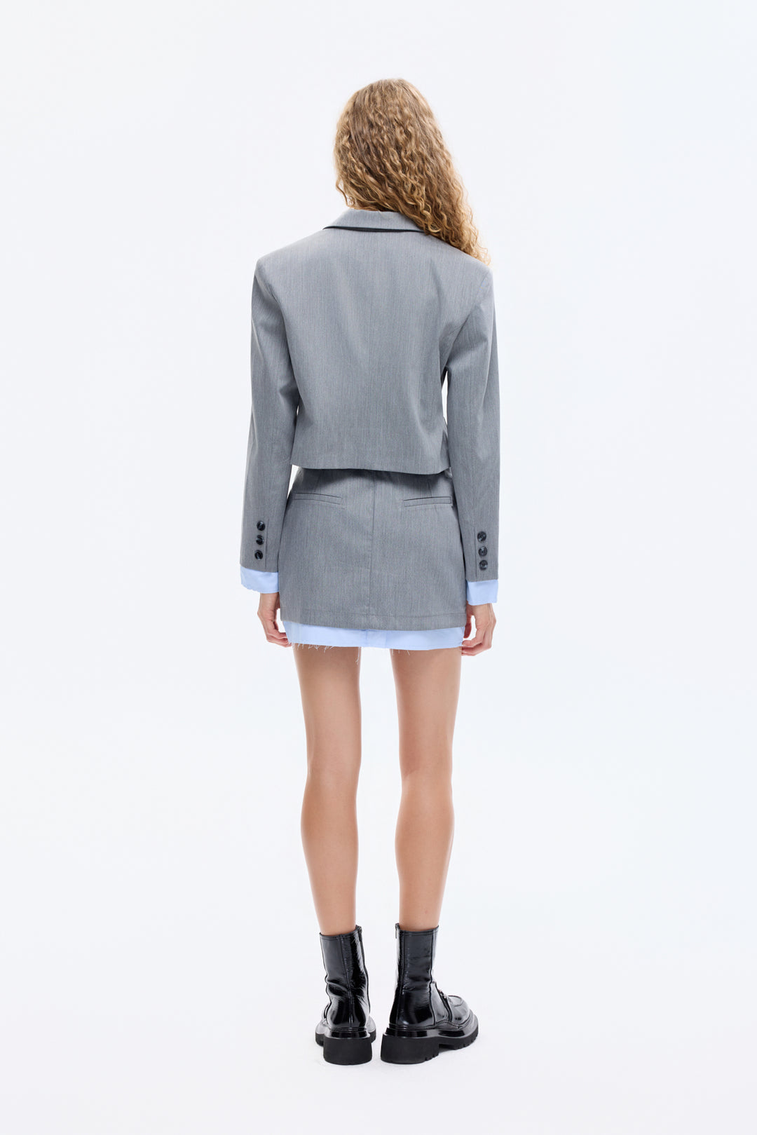 Kumaş Garnili Cep Detaylı Crop Blazer Ceket Gri
