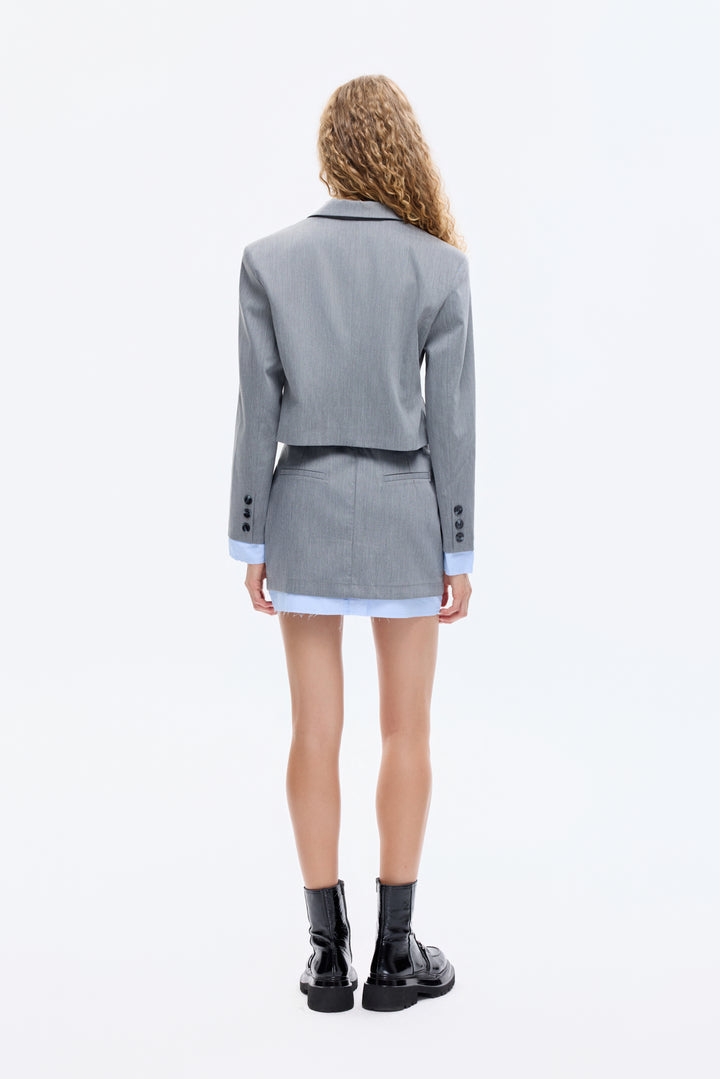 Kumaş Garnili Cep Detaylı Crop Blazer Ceket Gri
