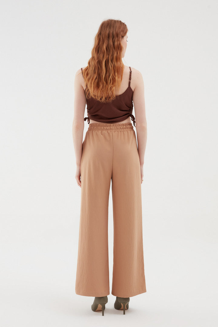 Elastic Waist Wide Leg Trousers Beige