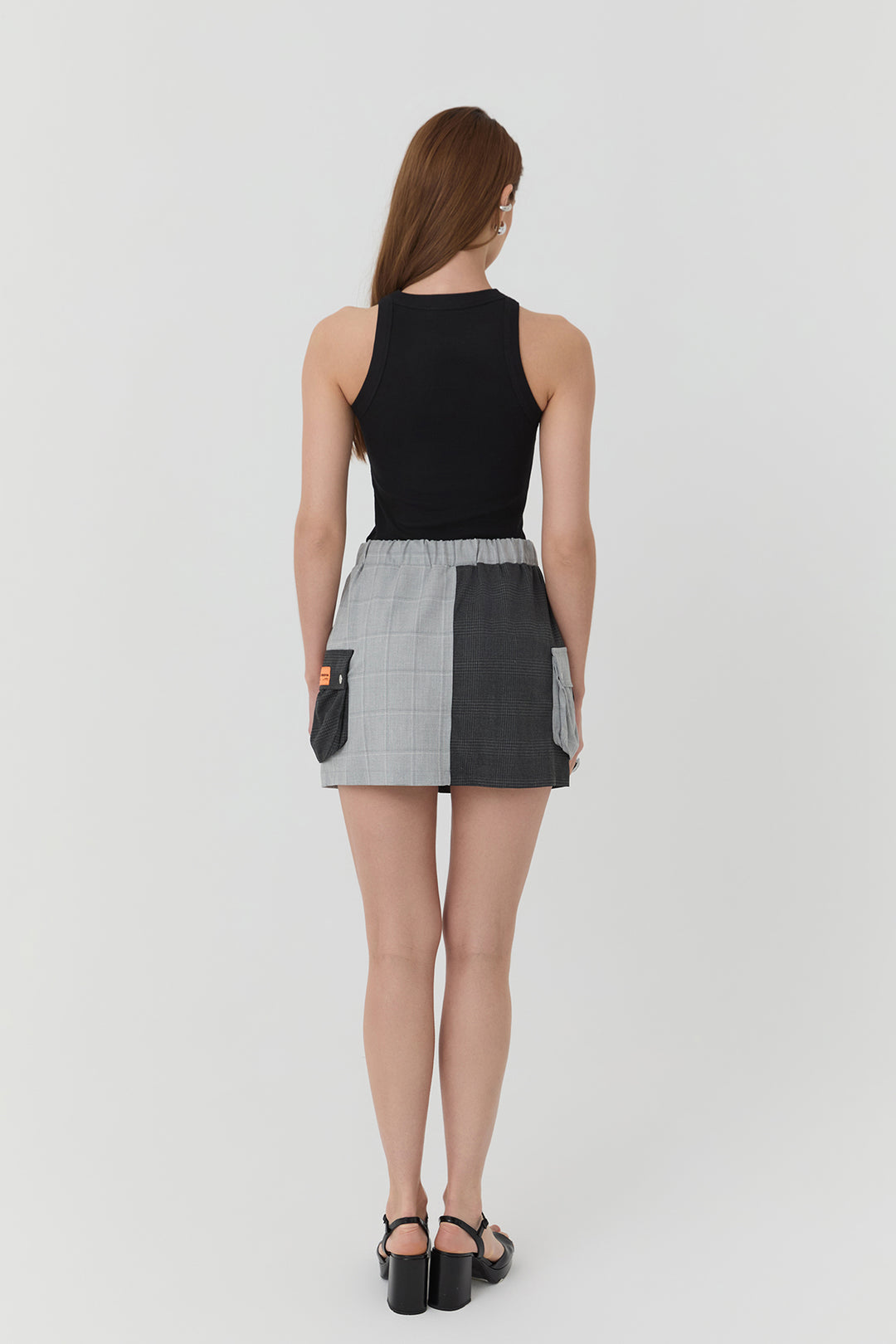 Çift Renk Detaylı Ekoseli Mini Etek Gri