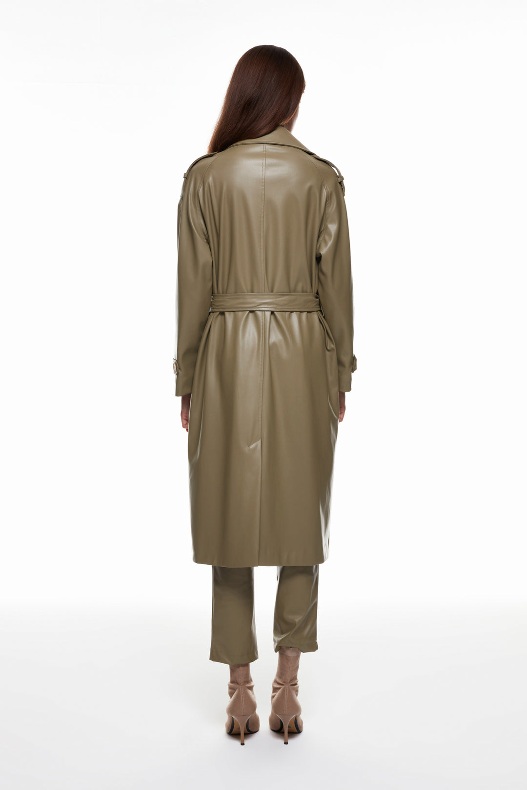 Tie Detailed Leather Trench Coat Khaki