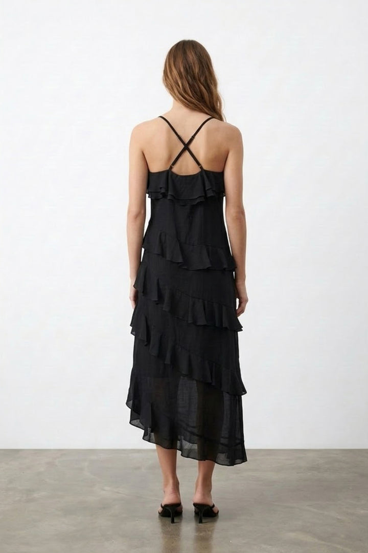 Çapraz Askılı Katlı Midi Elbise Siyah