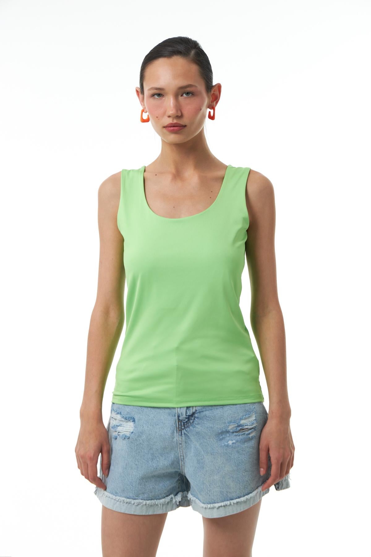 Kalın Askılı Basic Bluz Neon Yeşil