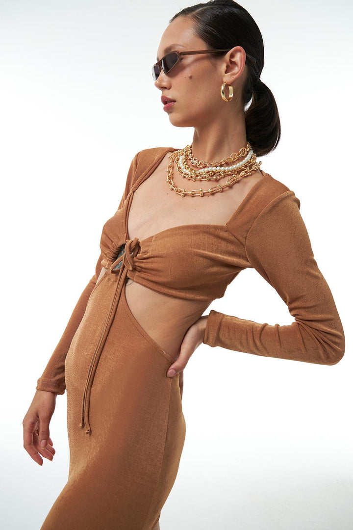 Cut Out Tie Mini Dress Camel