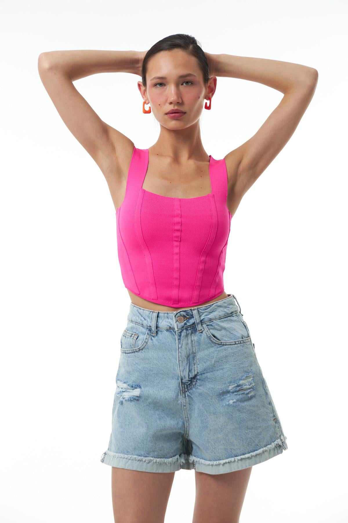 Askılı Crop Triko Neon Pembe