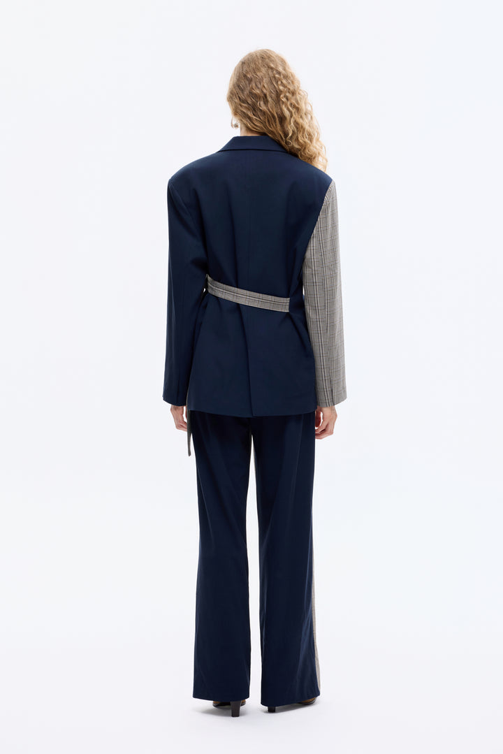 Ekose Garnili Kuşak Detaylı Oversize Blazer Ceket Lacivert