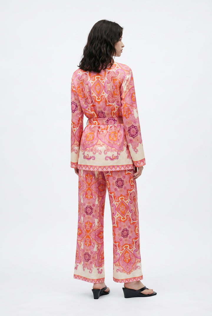 Şal Desenli Kuşaklı Kısa Kimono Pembe