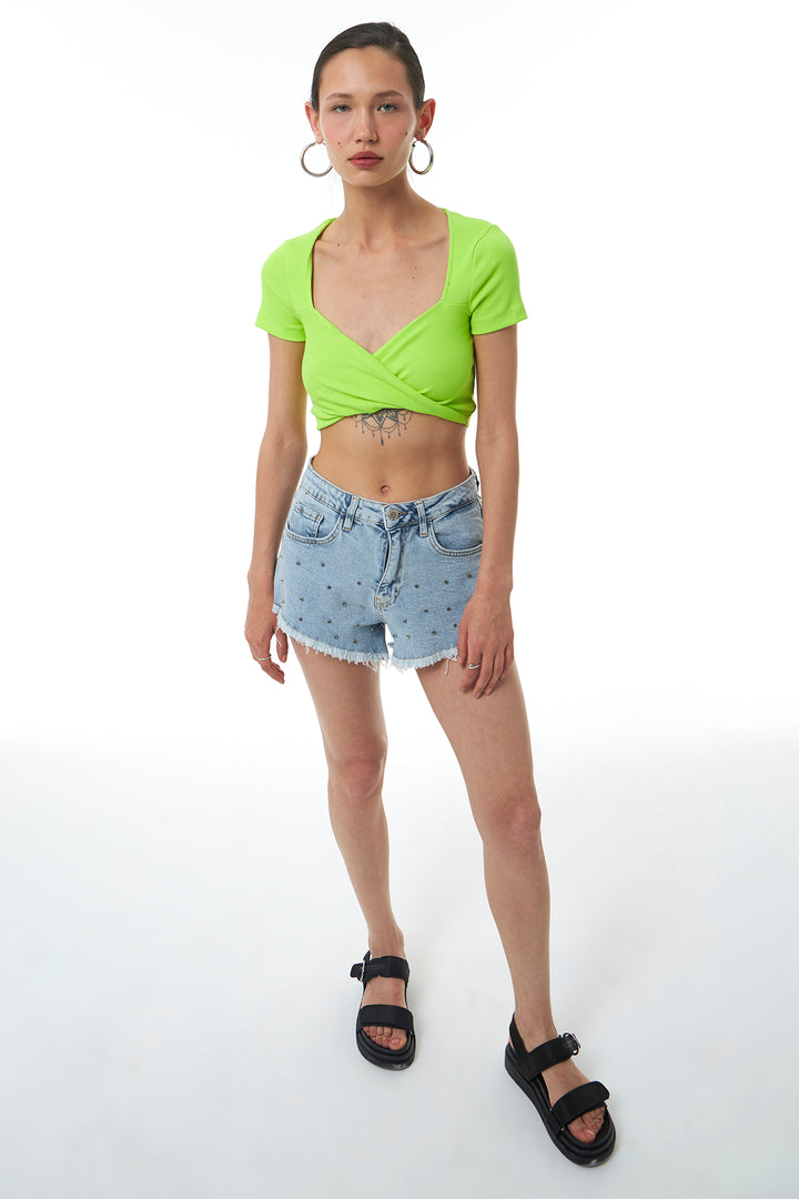 Çapraz Yaka Crop Bluz Yeşil
