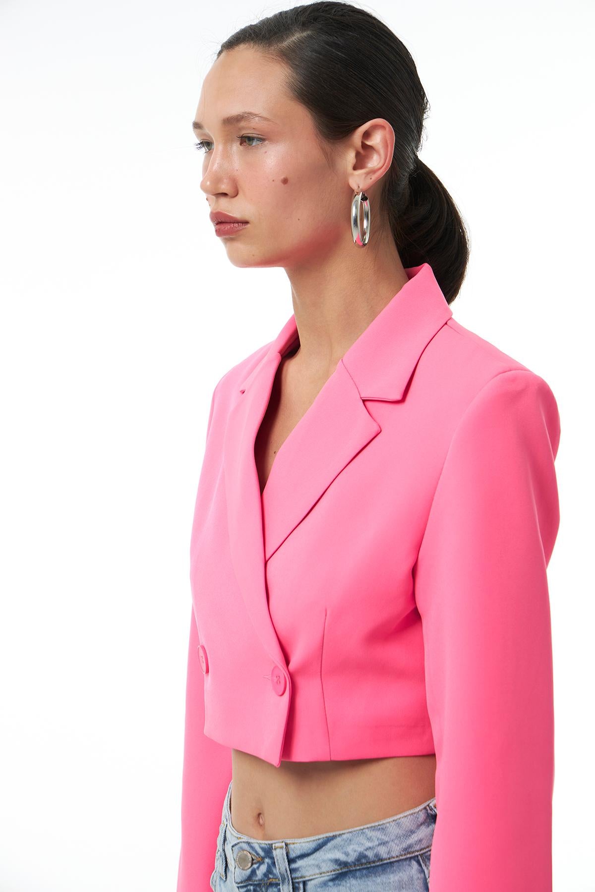 Kruvaze Crop Blazer Ceket Şeker Pembe