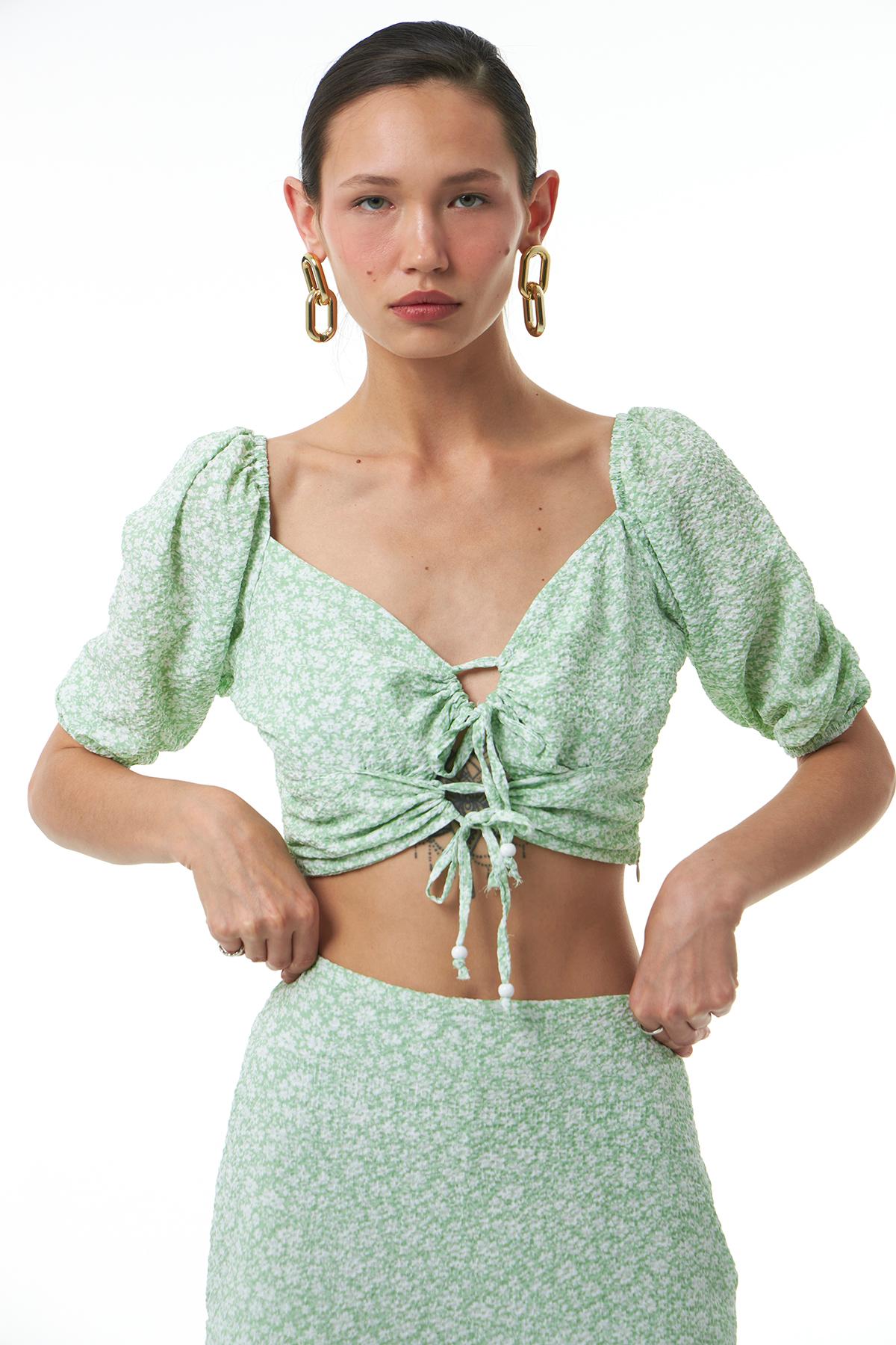 Desenli Balon Kol Crop Bluz Mint