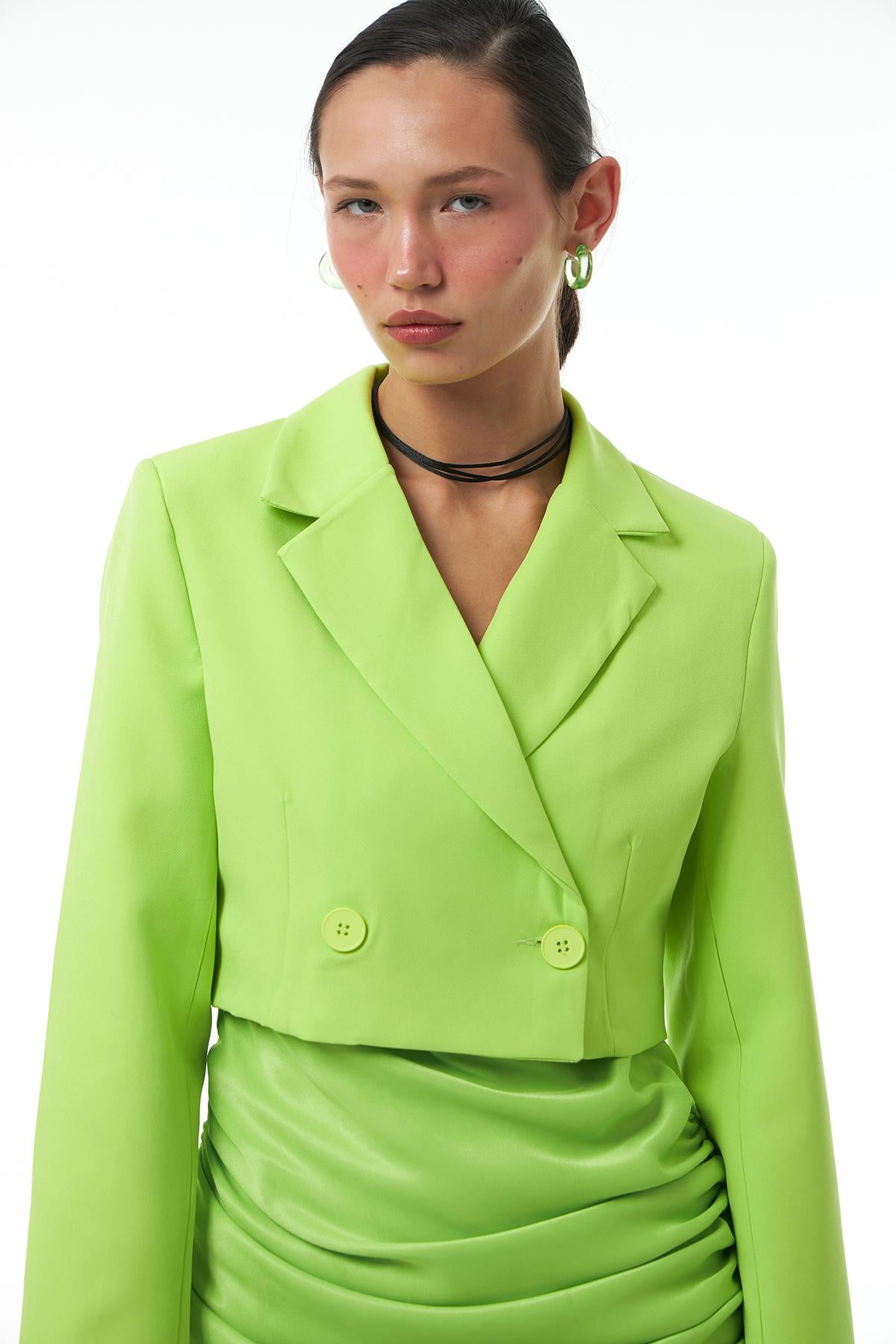 Double Breasted Crop Blazer Jacket Neon Green