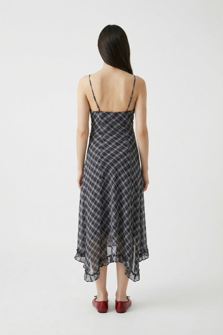 Asimetrik Drapeli Ekose Midi Elbise Siyah