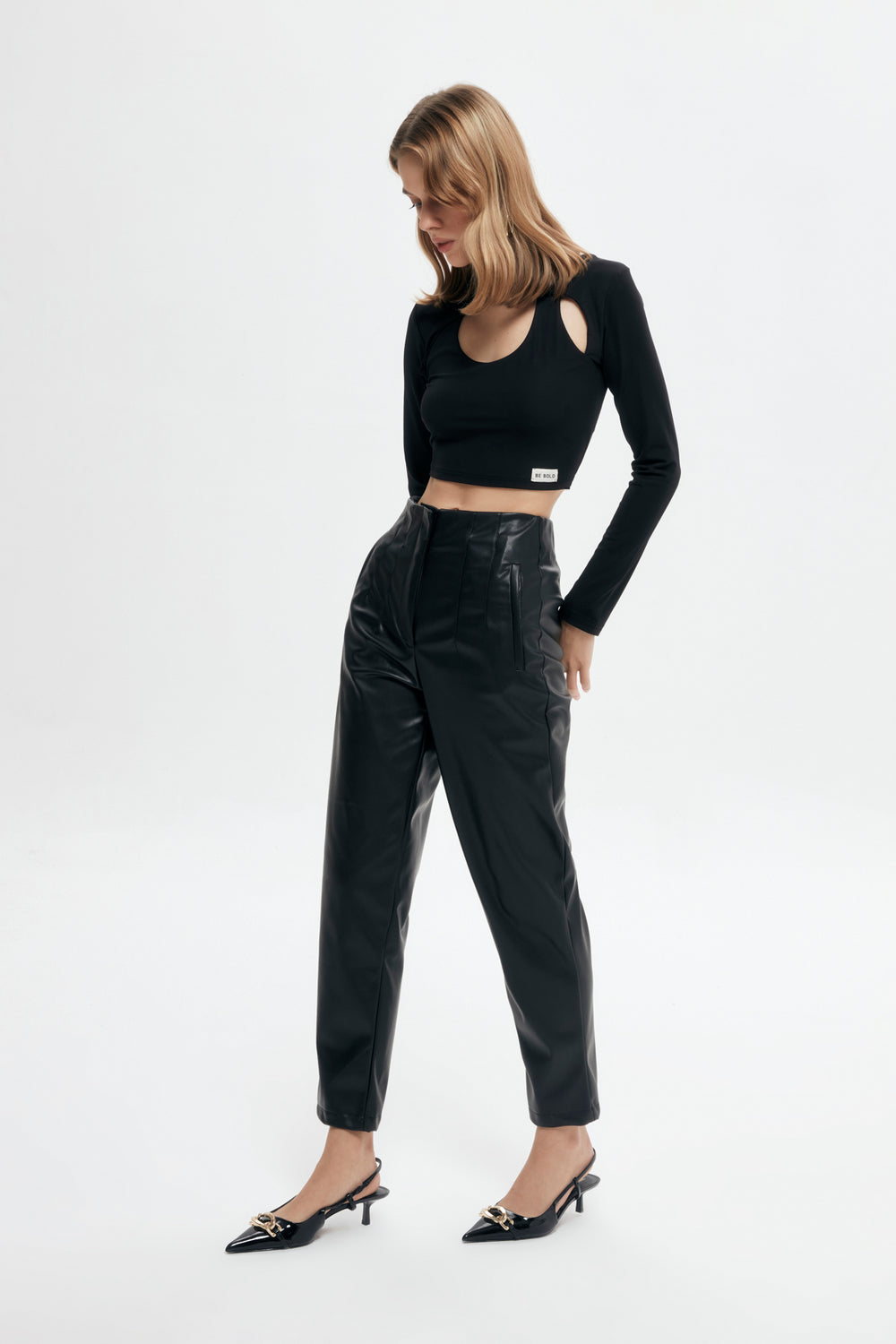 Plier Detailed Leather Trousers Black