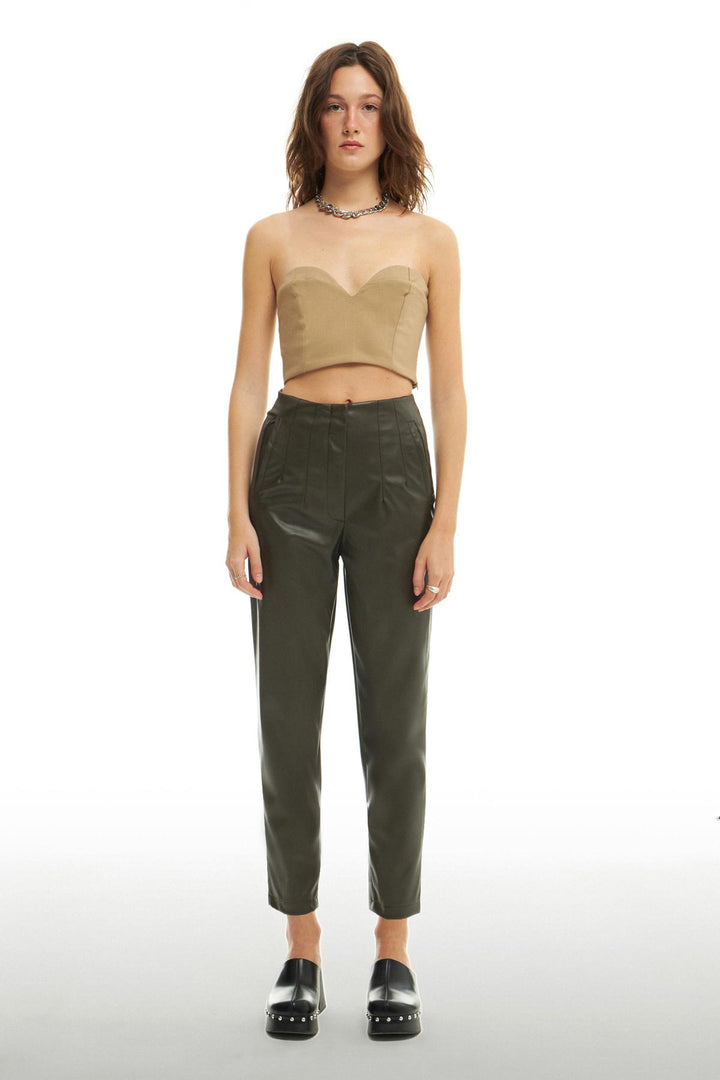 Plier Detailed Leather Trousers Khaki