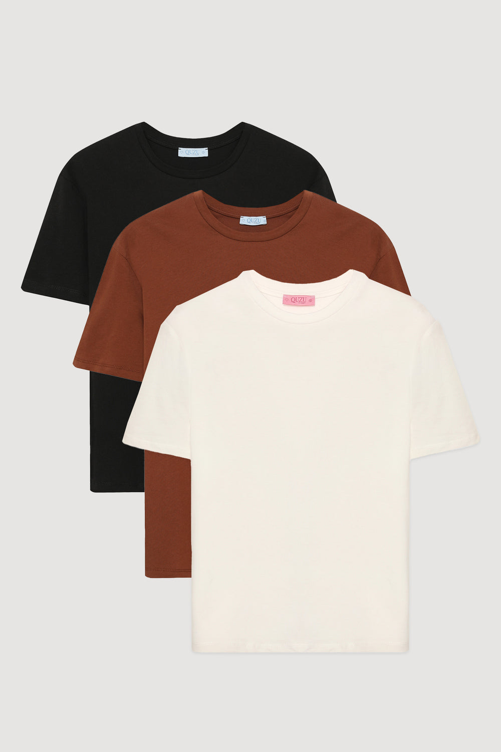 Oversize Basic Tişört 3 lü Paket Siyah/Ekru/Kahverengi