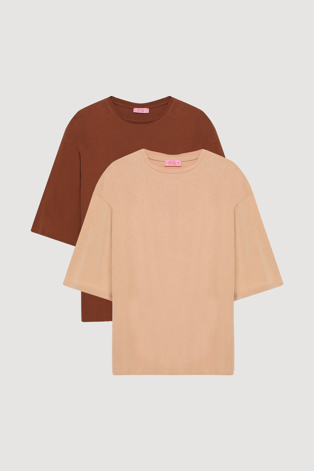 Truvakar Kol Oversize Basic Tişört 2 li Paket Bej/Kahverengi