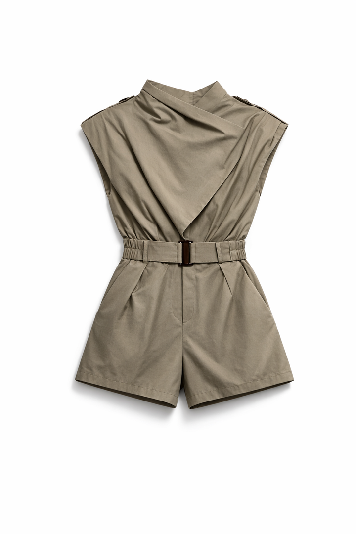 Asimetrik Yaka Kemerli Şort Tulum Haki