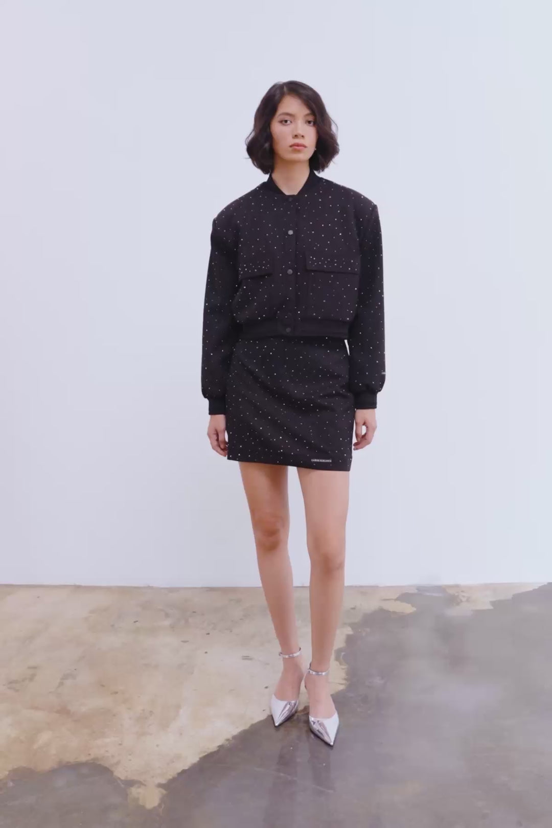 Mini Parlak Taş Vatkalı Bomber Ceket Siyah