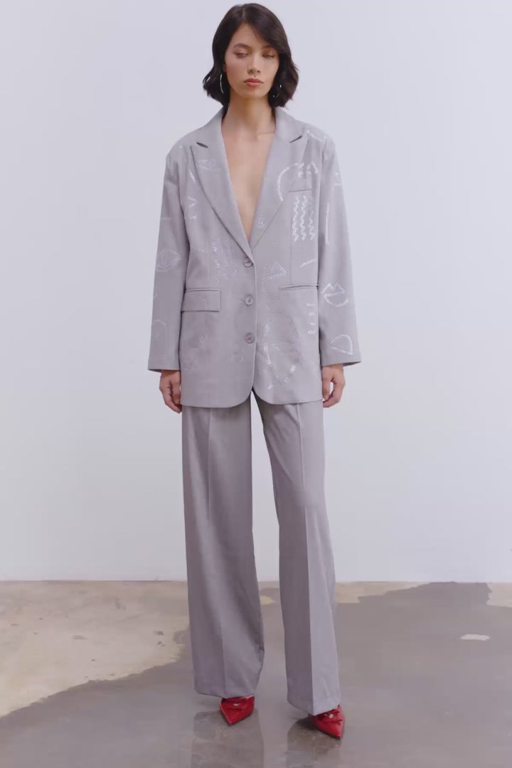 Taşlı Desen Kruvaze Yaka Oversize Blazer Ceket Açık Gri
