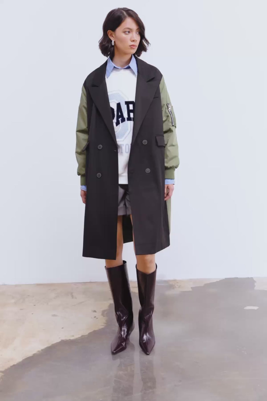 Çift Renk Matchli Uzun Trençkot Siyah