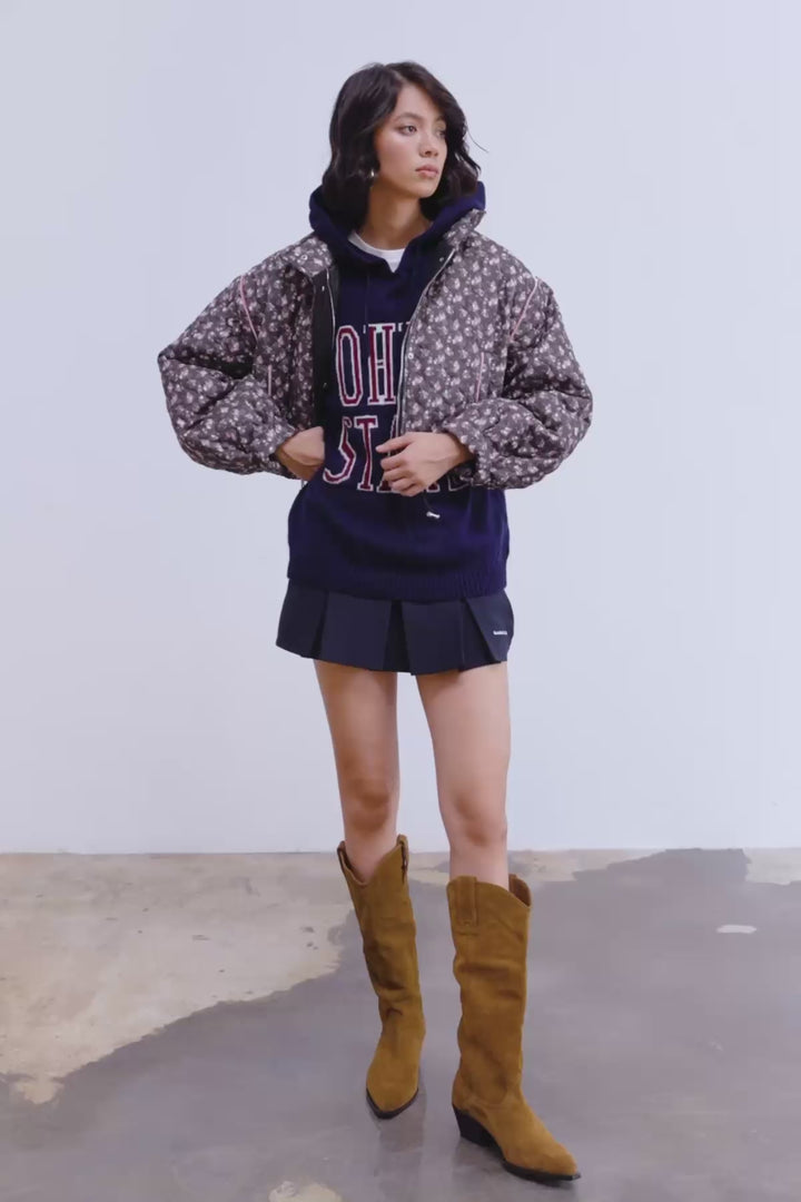 Renkli Çiçek Desenli Kapitone Mont Siyah