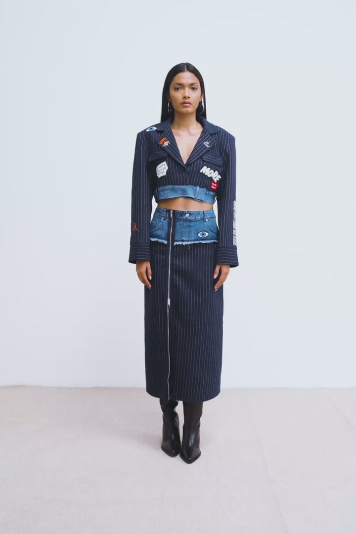 Denim Detaylı Nakışlı Crop Blazer Ceket Lacivert