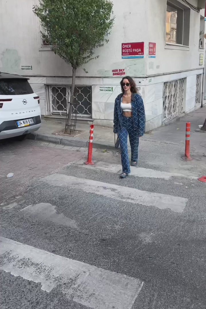 Baklava Desenli Yüksek Bel Bol Paça Kot Pantolon Mavi
