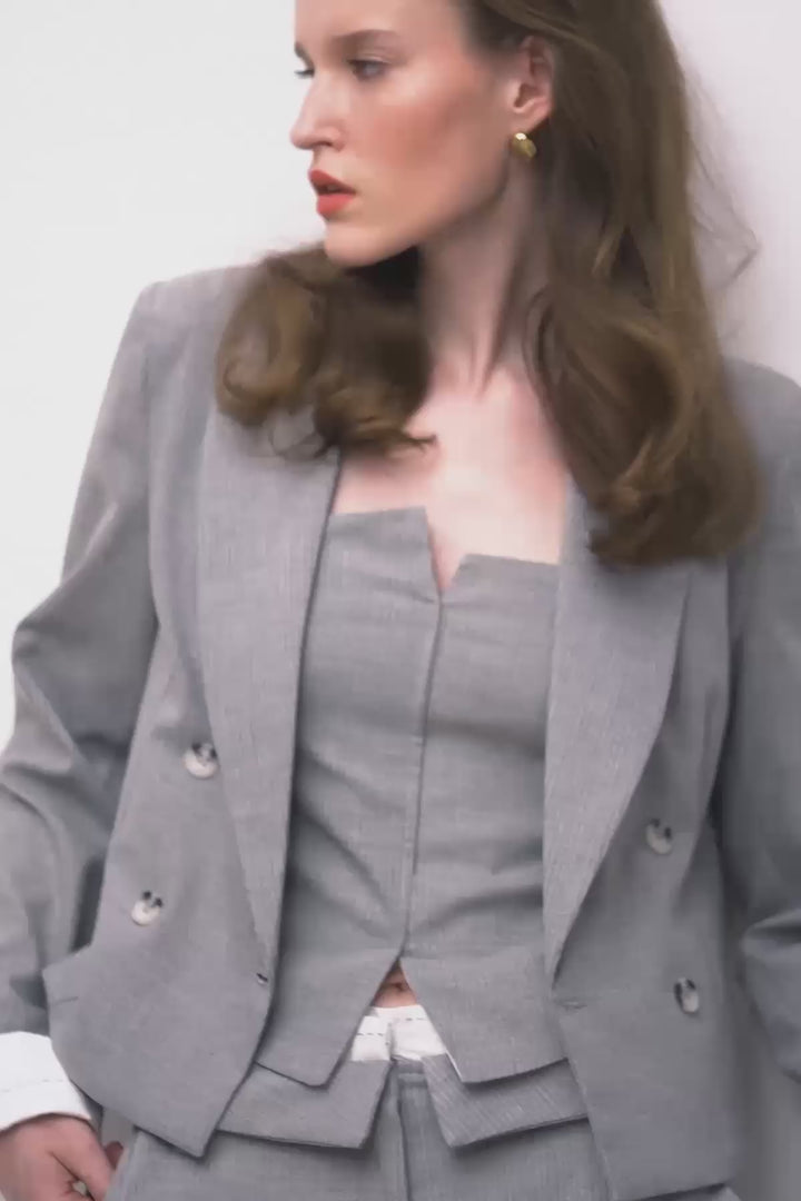 Kumaş Match Detaylı Çizgili Blazer Ceket Gri