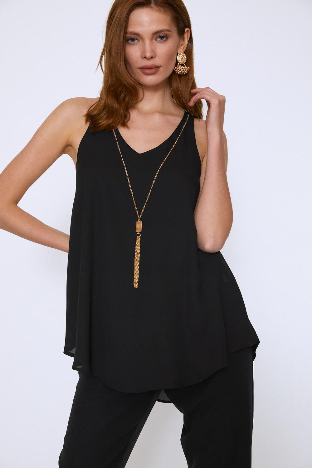 Pleated Back V-Neck Blouse Black