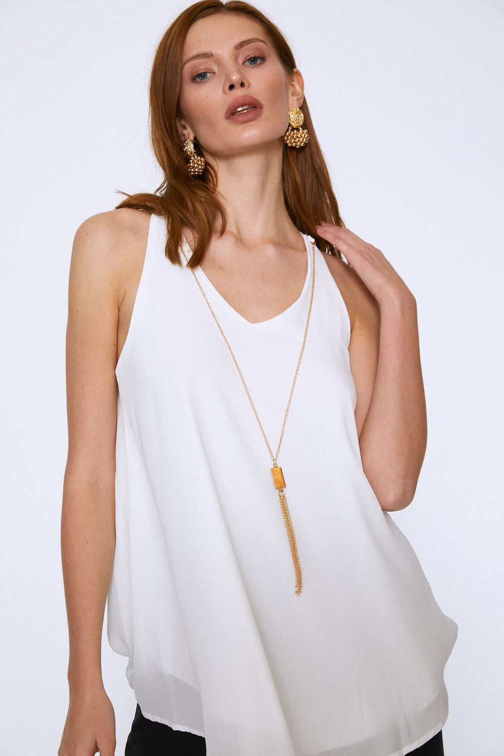 Pleated Back V-Neck Blouse Ecru