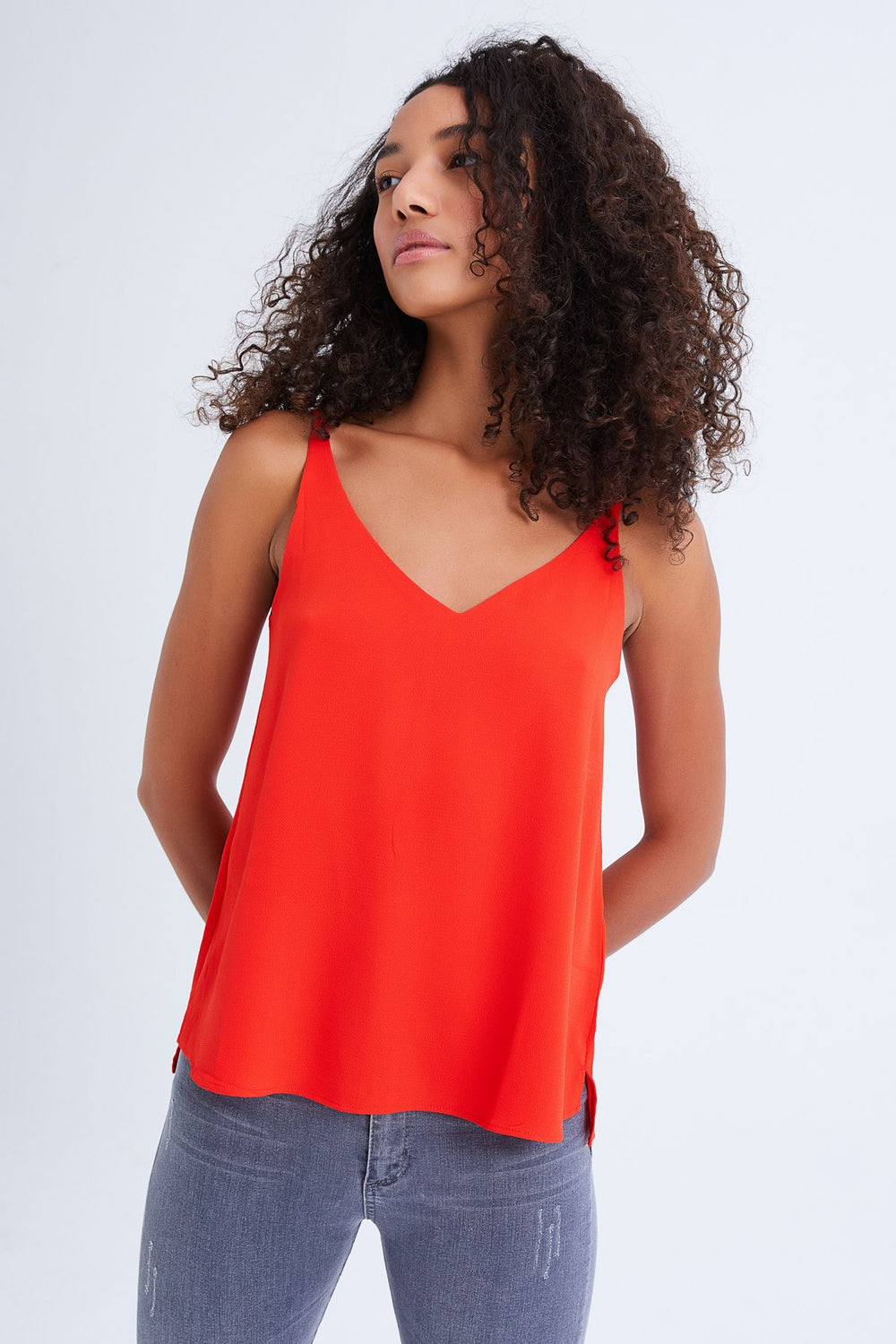 Rope Strap V-Neck Blouse Coral