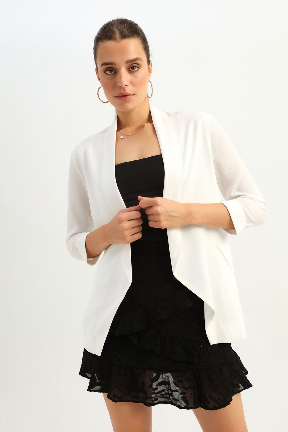 Şal Yaka Fileto Cepli Ceket Ekru