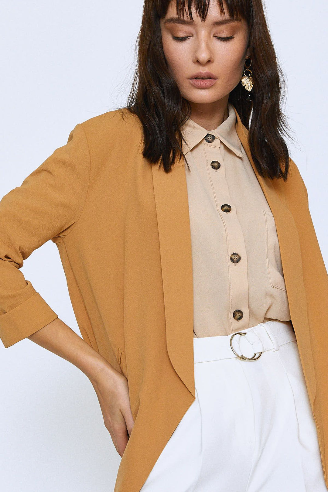 Şal Yaka Fileto Cepli Ceket Camel