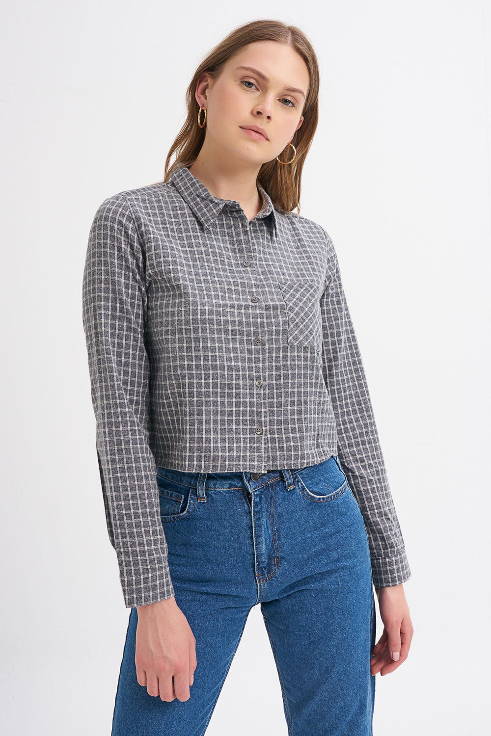 Single Pocket Plaid Shirt Gray