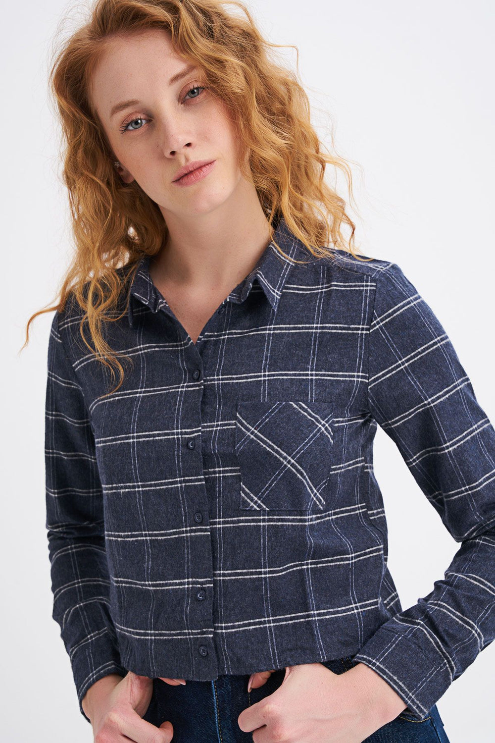 One Pocket Plaid Shirt Navy Blue