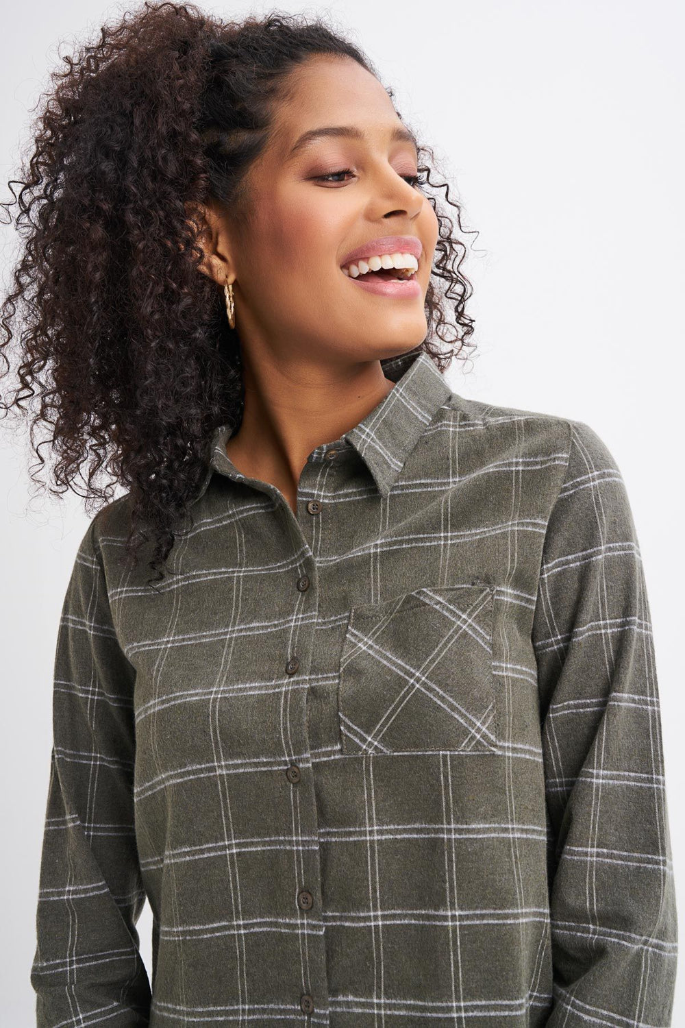 Single Pocket Plaid Shirt Khaki