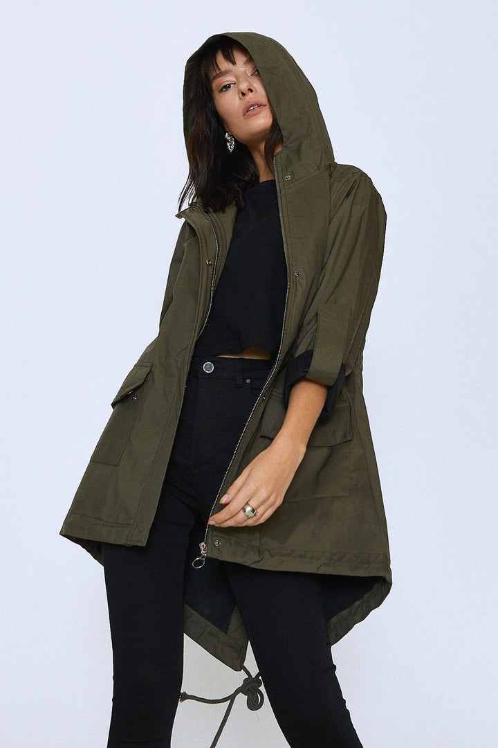 Embroidered Back Hooded Raincoat Khaki