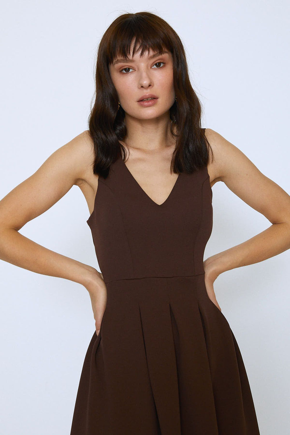 V Neck Pleated Mini Dress Brown