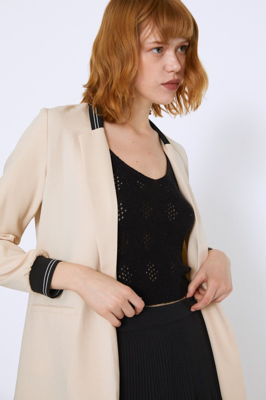 Ribanalı Fleto Cepli Uzun Ceket Bej