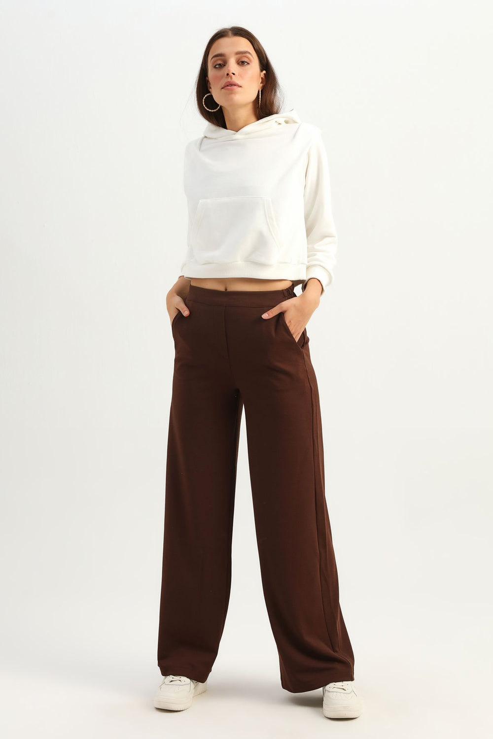 Wide Leg Pocket Knitted Trousers Brown