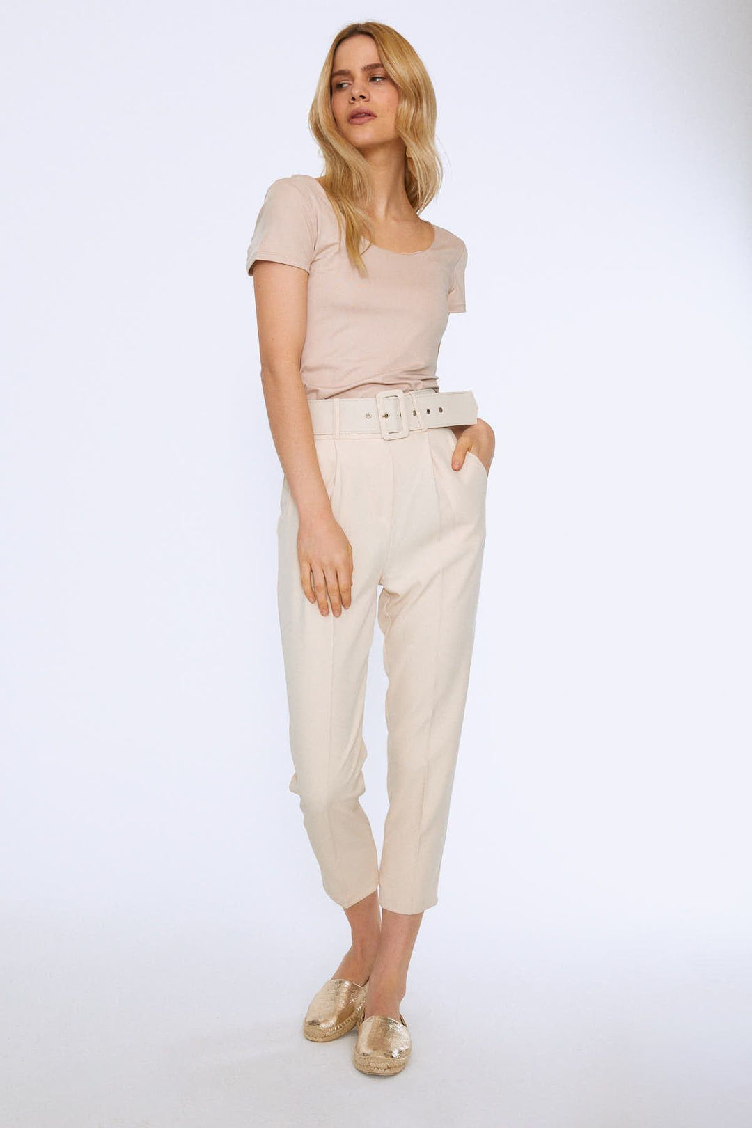 Waist Belt Fabric Trousers Beige