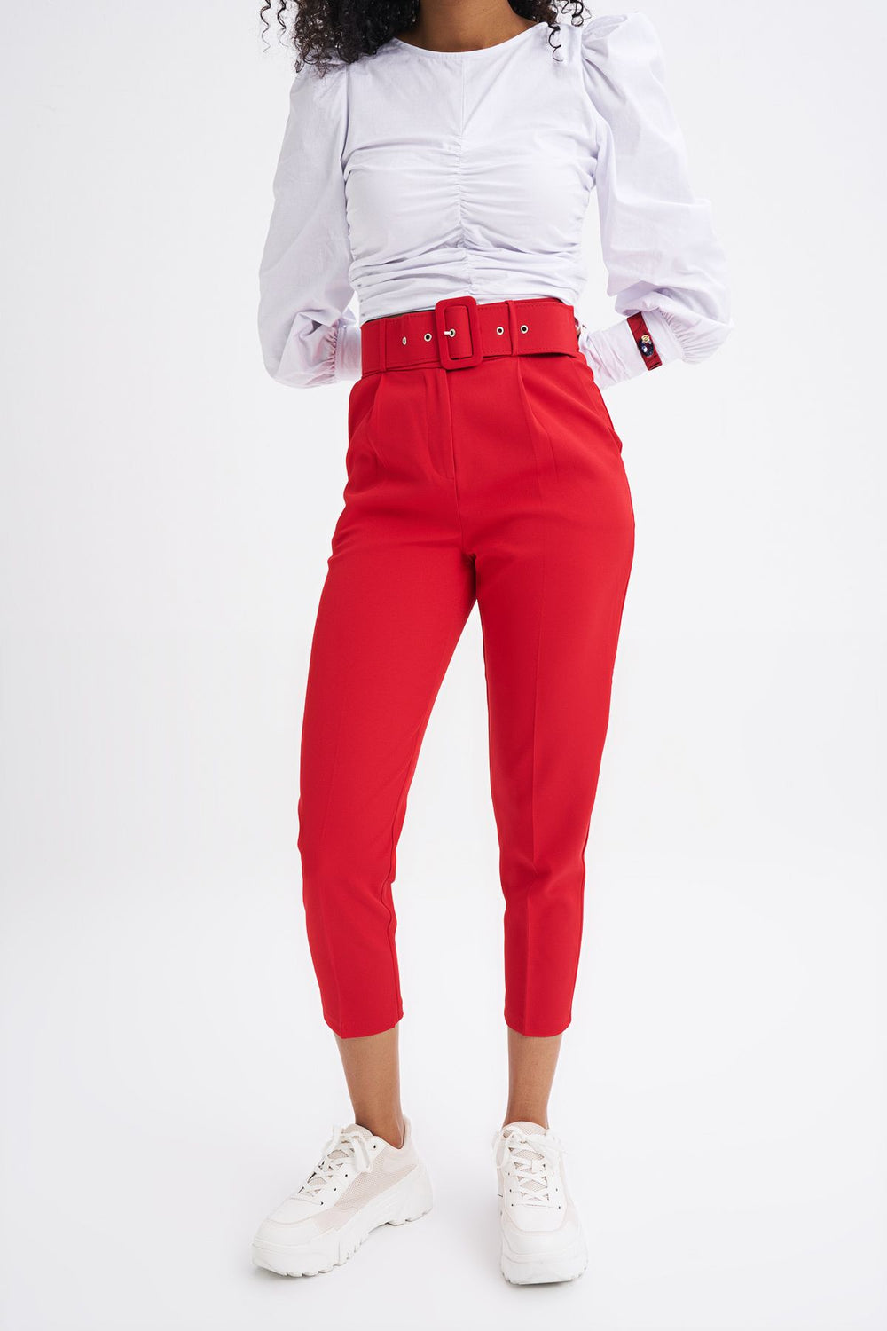 Waist Belt Fabric Trousers Red