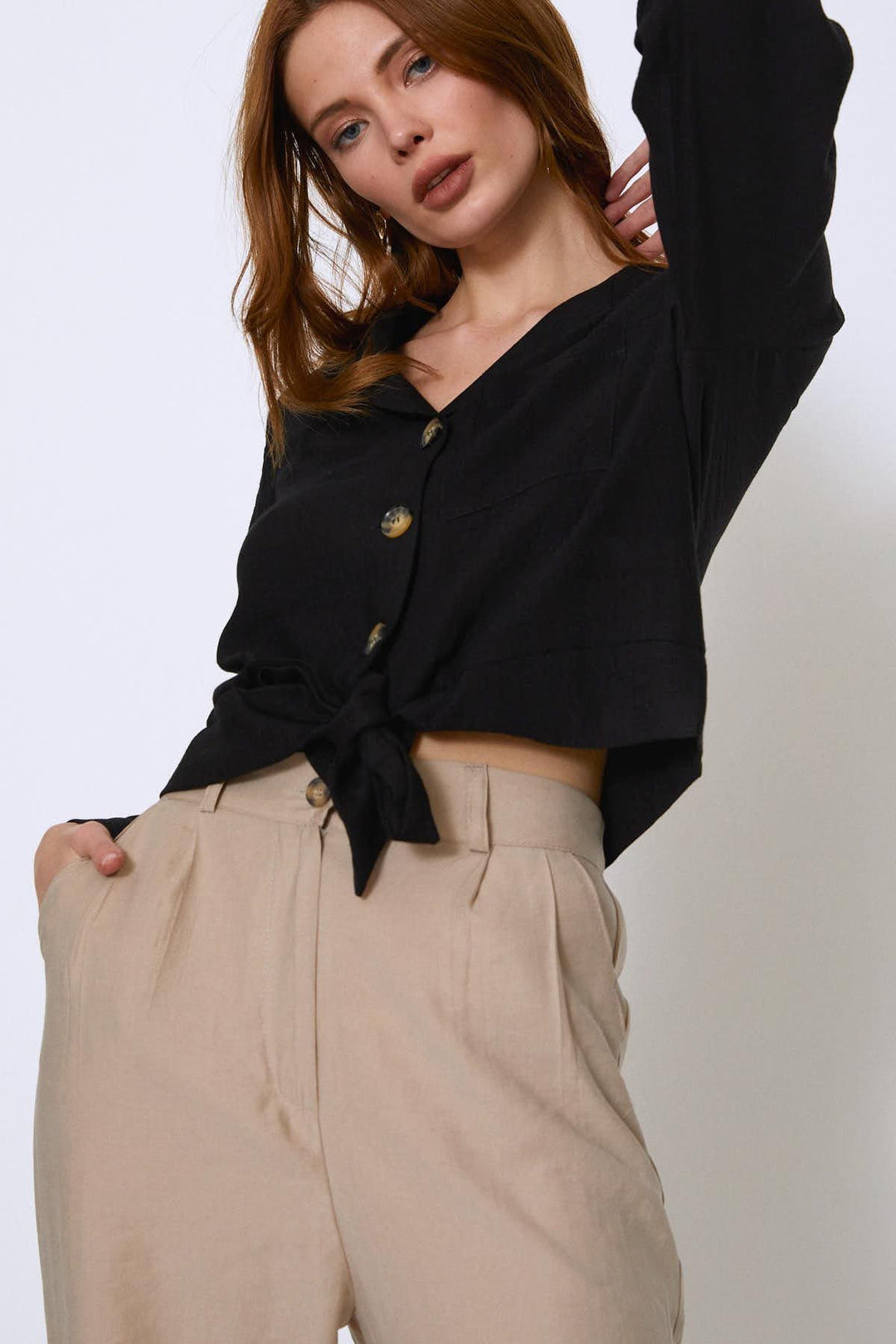 Tie Waist Pocket Long Sleeve Shirt Black