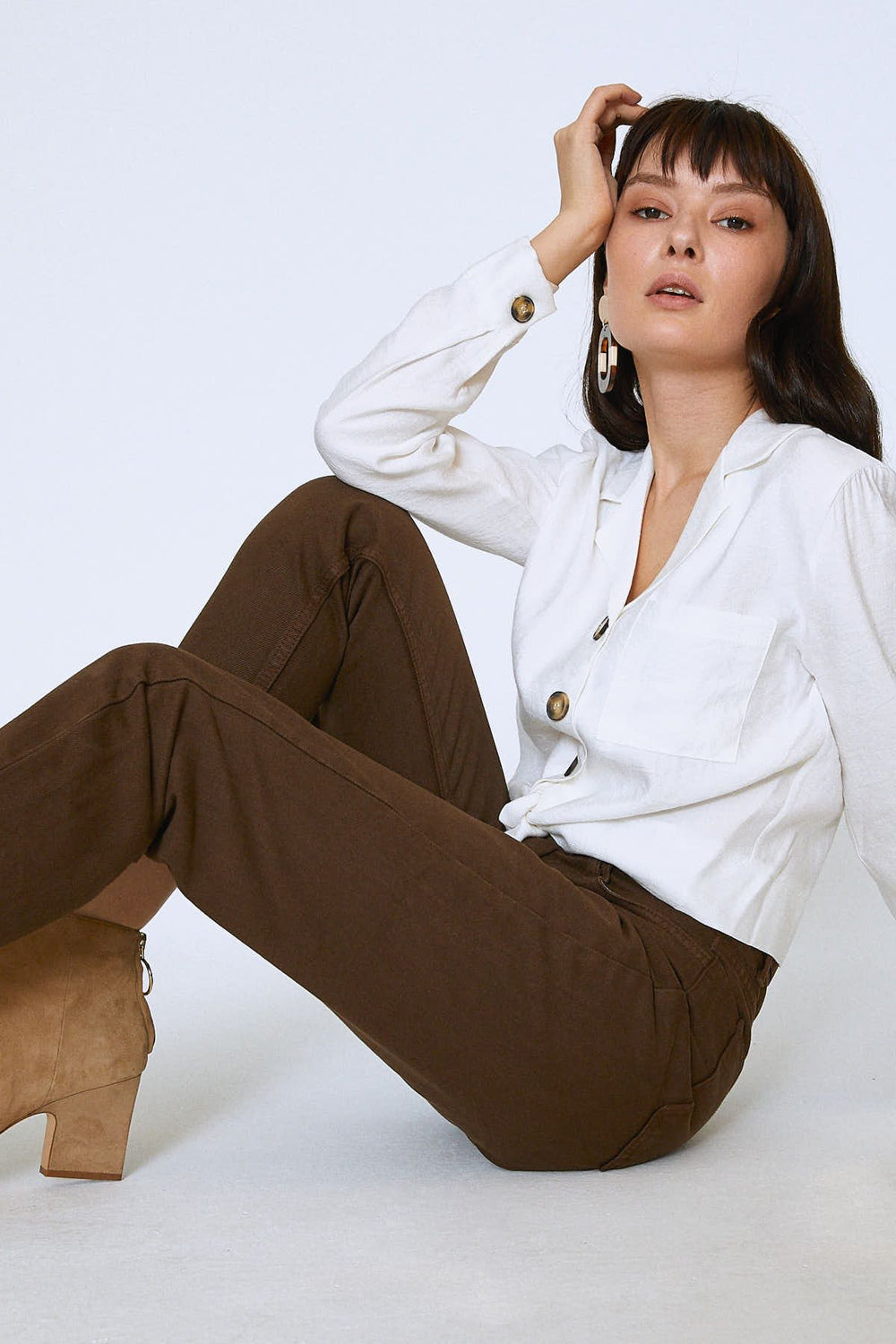 Tie Waist Pocket Long Sleeve Shirt Ecru