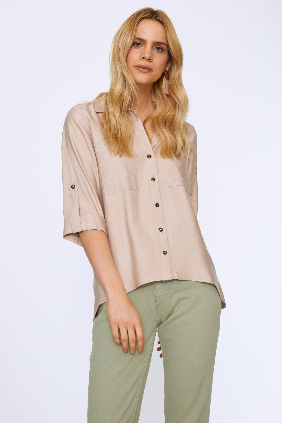 V-Neck Three Quarter Sleeve Shirt Beige