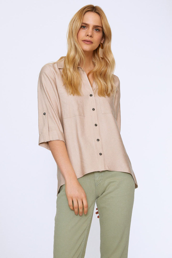 V-Neck Three Quarter Sleeve Shirt Beige